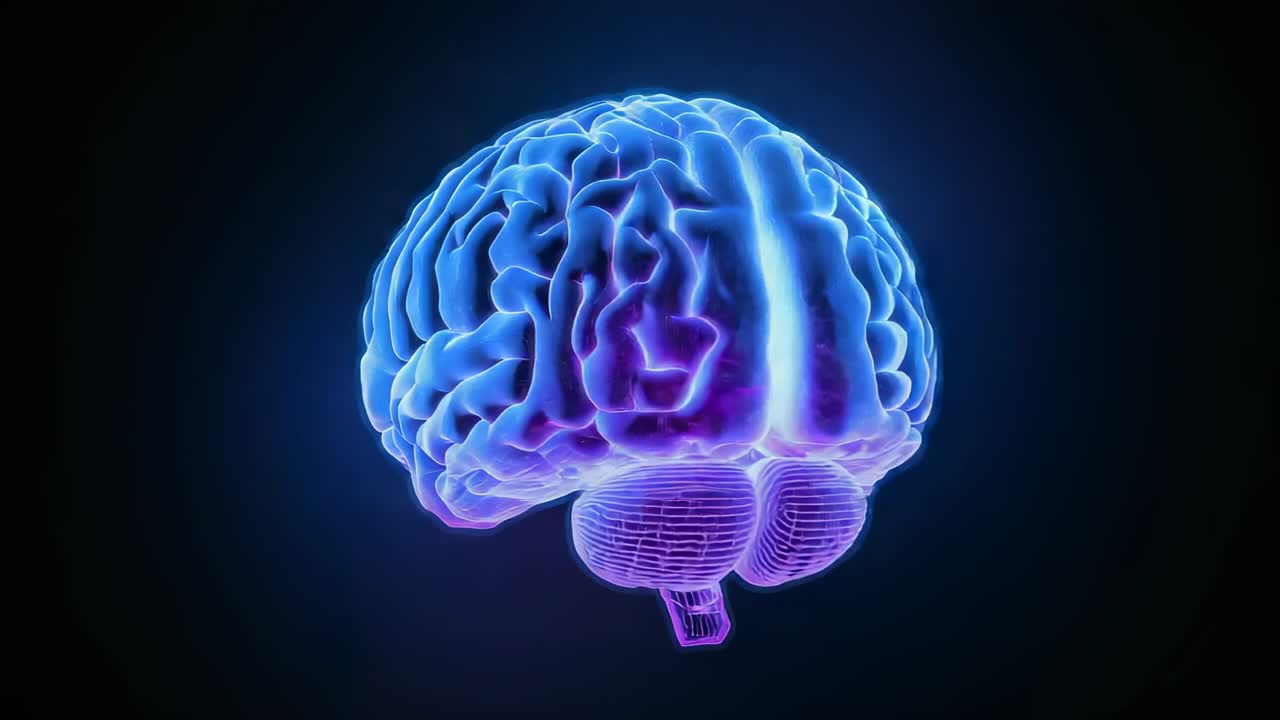 Animation starting rotating 3D neon brain model in studio showing gyri, cerebellum and pulsing glow