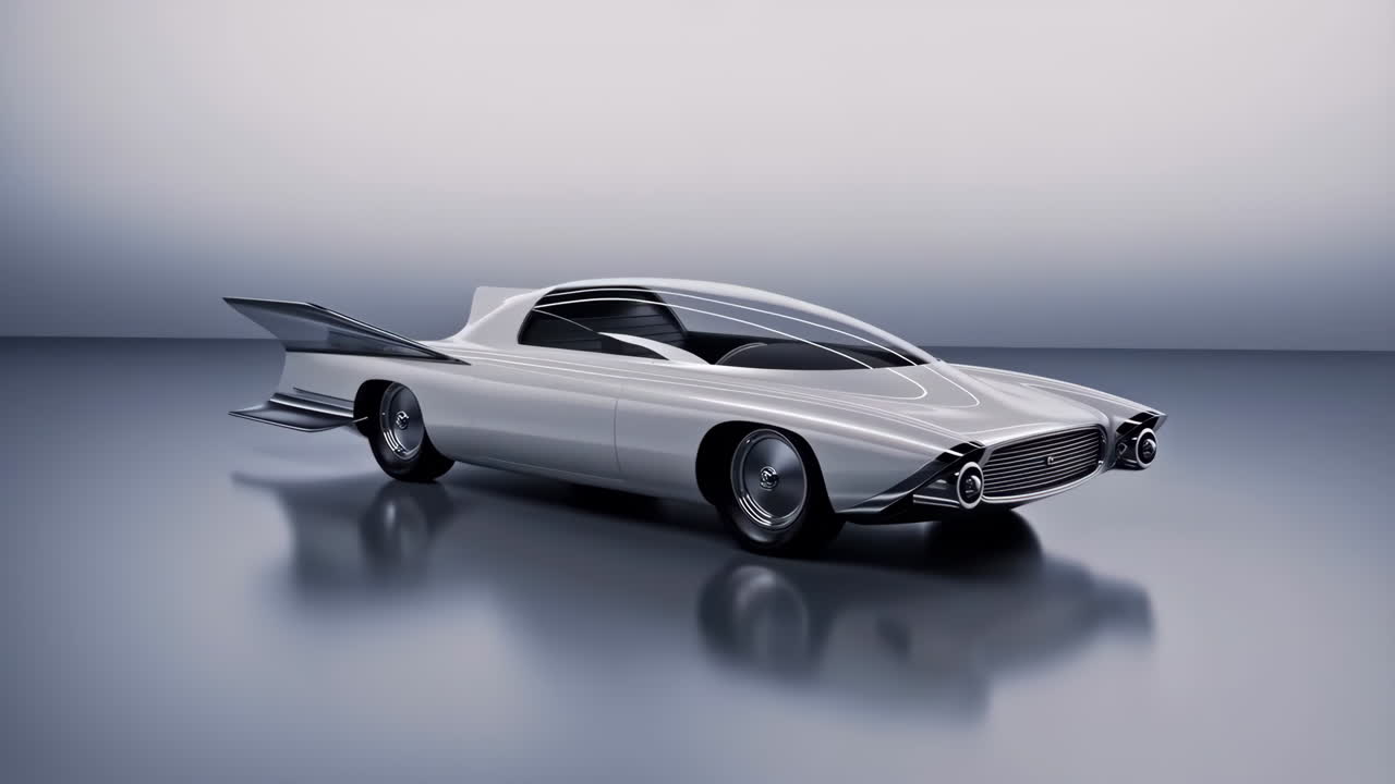 Elegantes silbernes retro-futuristisches Konzeptauto mit Heckflossen