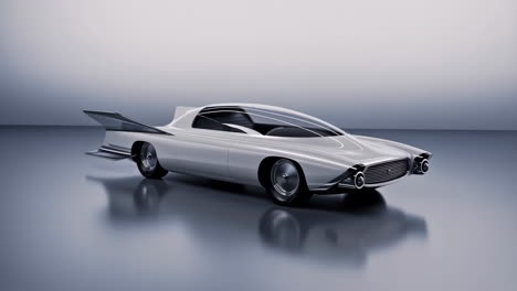 sleek silver retro-futuristic concept car with tailfins