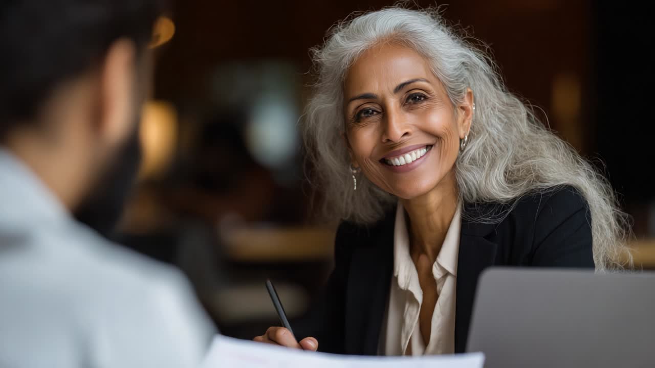 A professional woman with silver hair engages in a focused conversation, showcasing confidence and wisdom during a meeting, as she smiles warmly, demonstrating her enthusiasm for the discussion at hand