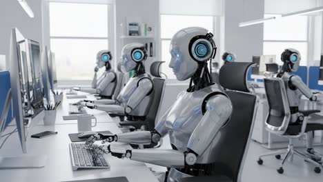 futuristic work environment featuring advanced robots engaged in computer tasks, demonstrating robotics and artificial intelligence in a high-tech office setting