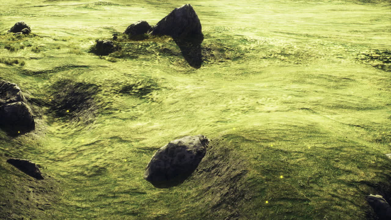 Expansive green landscape with scattered rocks illuminated by gentle light