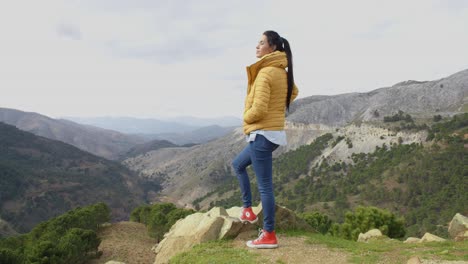mujer con abrigo amarillo cerca del valle de la montaña