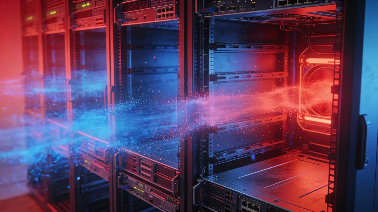 Streaming blue and red particle streams crossing server racks in server room, from glowing red bay