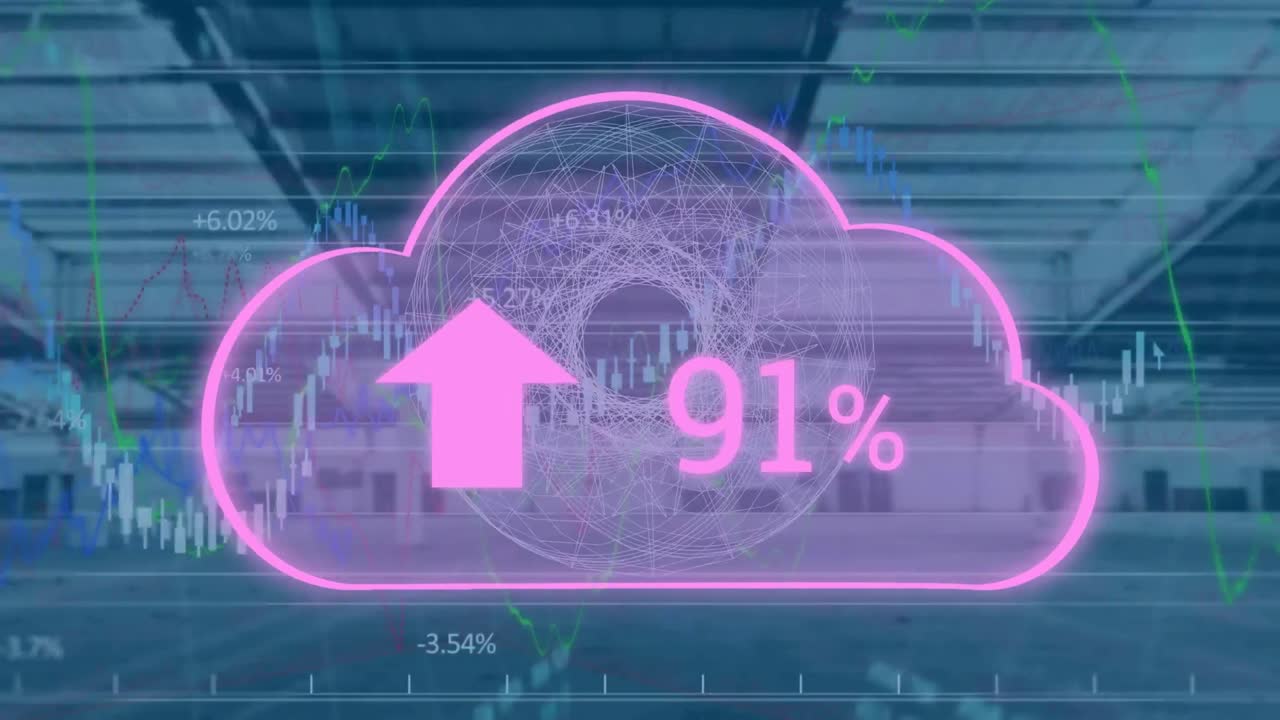 Animation of cloud with growing number and financial data processing over empty office
