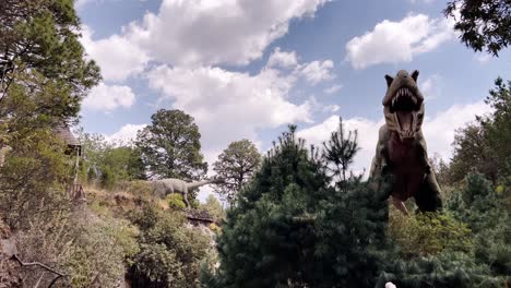 shot in an outdoors museum of a dinasour opening their mouth and looking at the camera