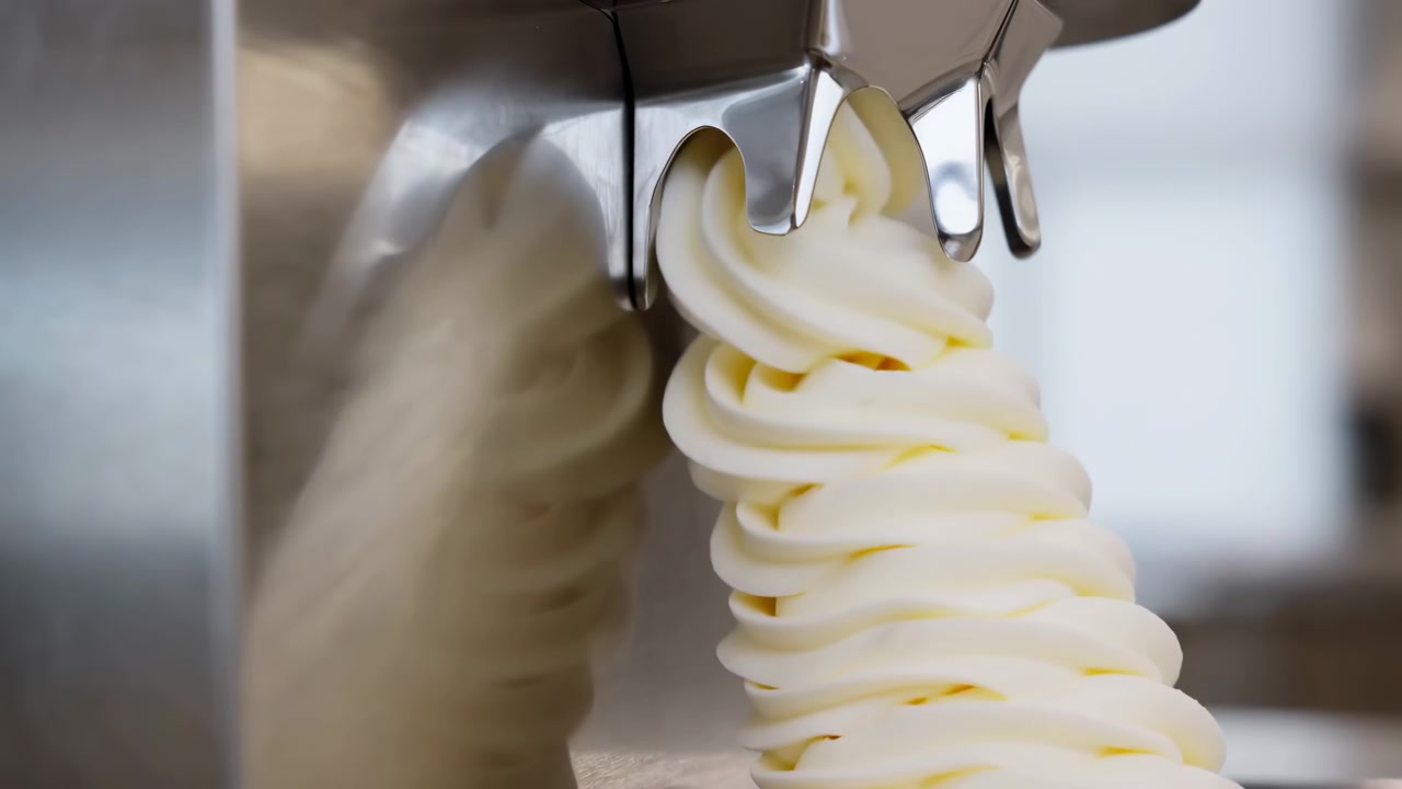 Di tengah klip pendek, es krim lembut vanila yang lembut keluar melingkar dari nosel dispenser logam mengkilap
