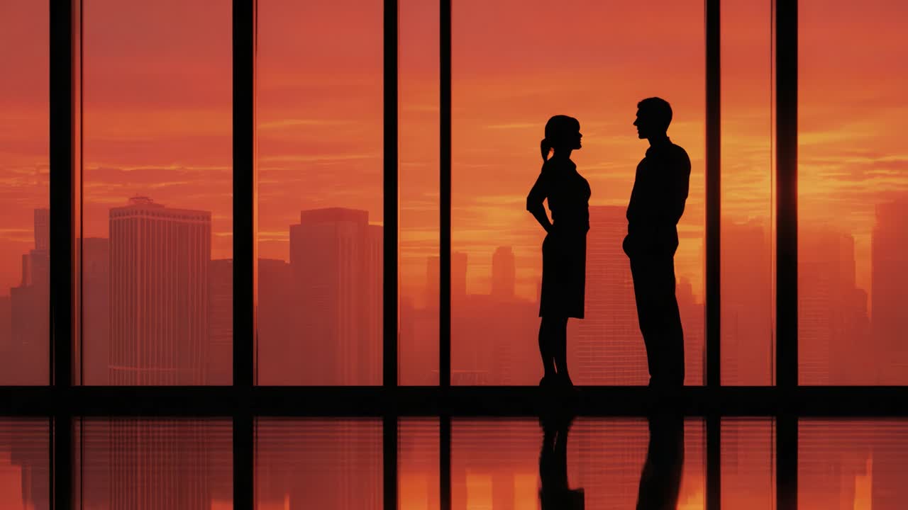 Capturando momentos: una silueta de conexión con un impresionante atardecer de fondo en el marco de una ventana de un edificio alto
