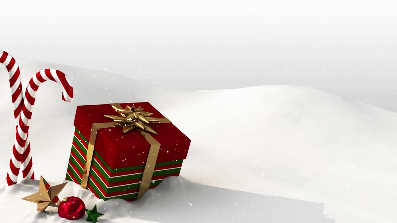 Animatie van vallende sneeuw over een kerstcadeau en zuurstokken op een witte achtergrond.