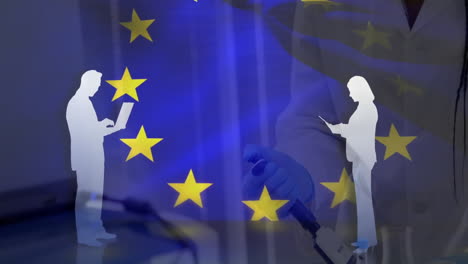 using devices, silhouettes of people with european union flag and animation in school