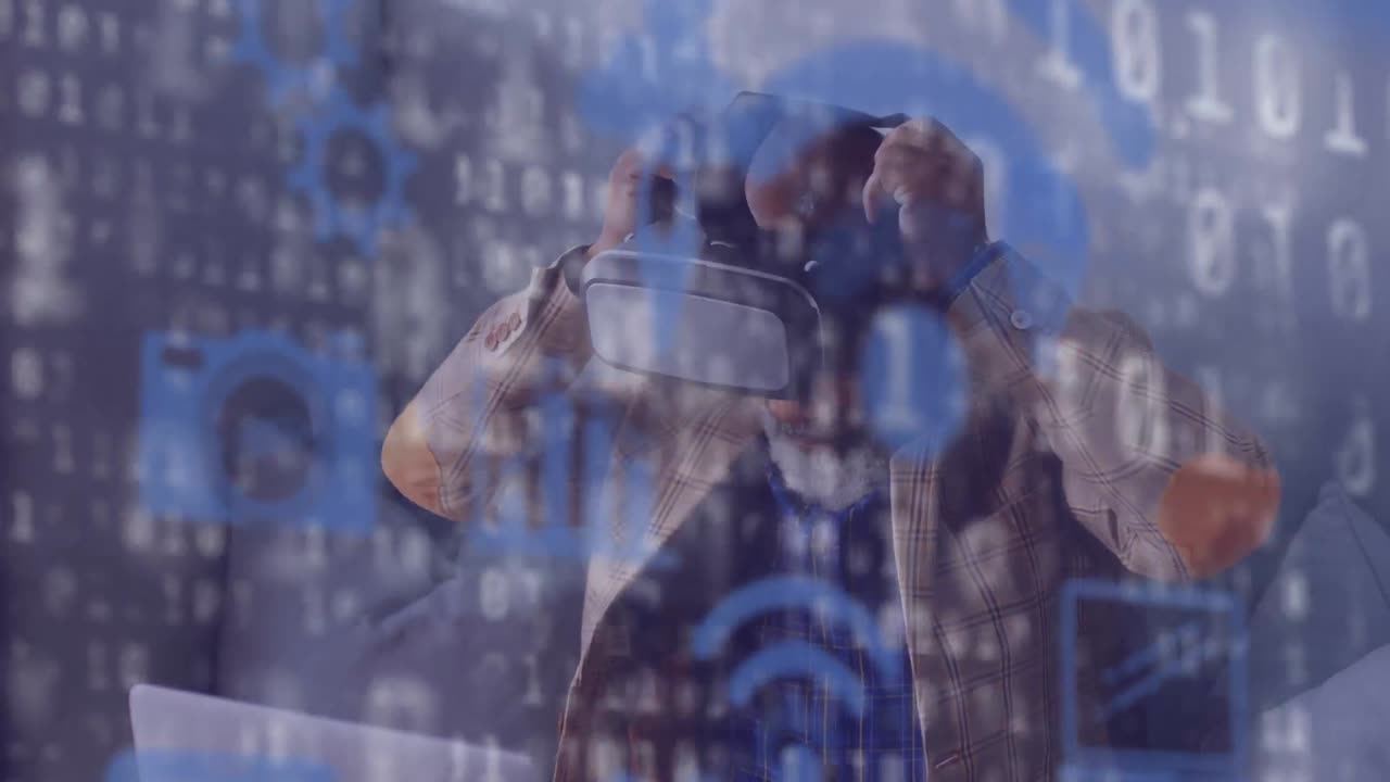 animación de iconos azules volando sobre un hombre usando auriculares vr