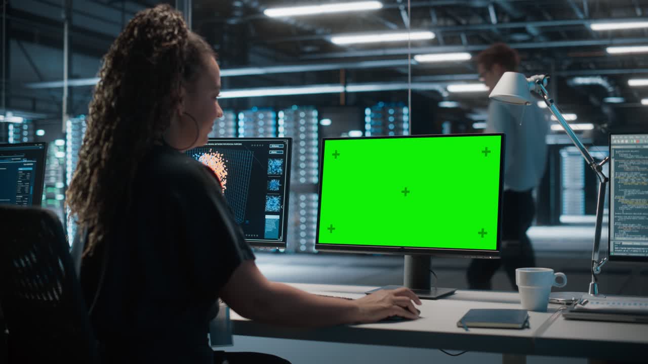 servidor de centro de datos de alta tecnología: mujer negra especialista en ti que trabaja en pantalla verde computadora de clave cromática. monitoreo de servicios web, computación en la nube, instalación de análisis, mantenimiento de seguridad cibernética
