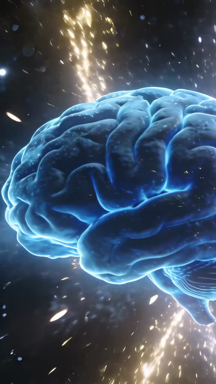 Video verticale: Un raggio sale dietro un cervello 3D, inviando scintille mentre il cervello pulsa, mostrando attività.