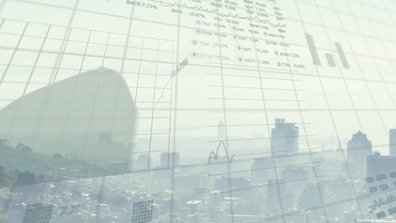 都市風景上の金融データ処理のアニメーション