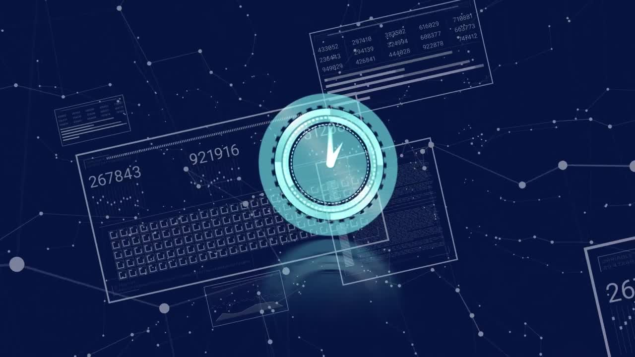 Animation of neon ticking clock over interface with data processing and connecting dots