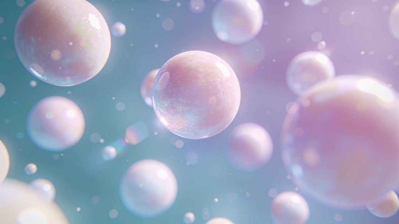 Drifting center pearl bubble shifting focus as camera pans, showing depth in pastel, with spheres