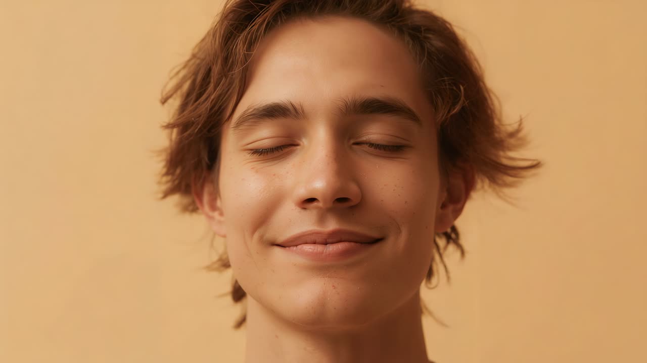 Soggetto maschile sorridente che apre gli occhi mentre la camera sta girando in studio, in posa per un ritratto, sfondo beige