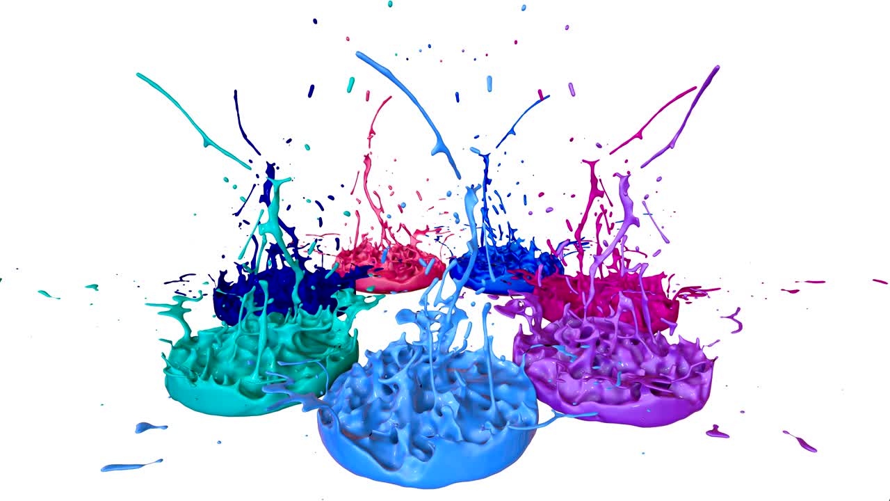 3d salpicaduras de líquido. pintura rebotando en 4k sobre fondo blanco. simulación de salpicadas de tinta en un altavoz musical que reproduce música. versión multicolor