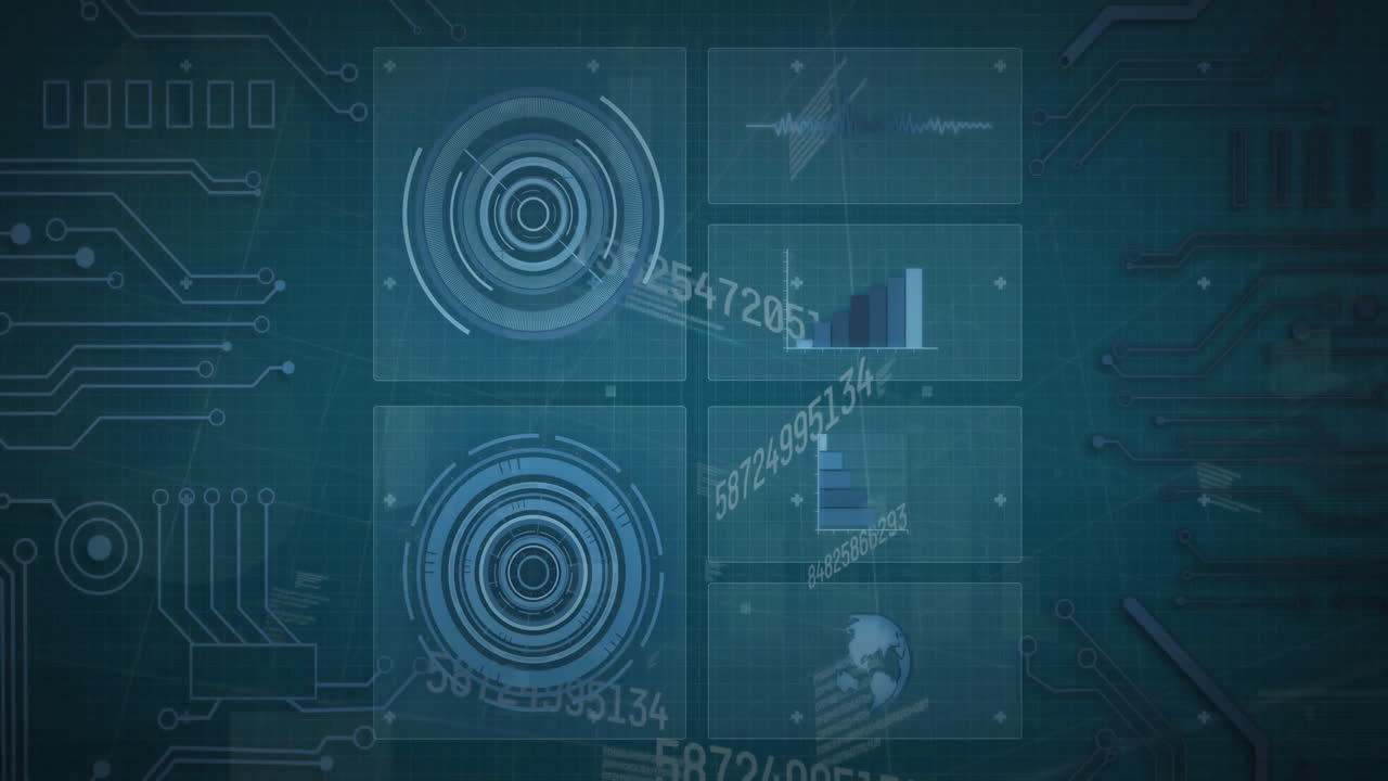 Animation of scopes scanning and data processing over dark background