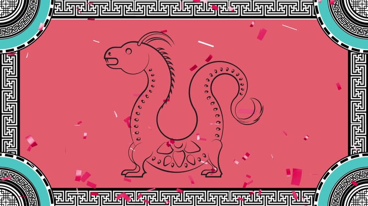 Animazione del simbolo del drago e di un motivo cinese su sfondo rosso