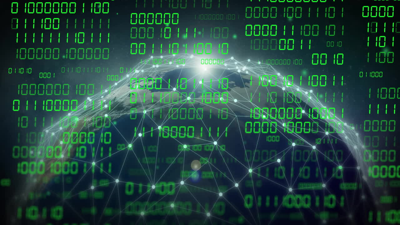 Animation of globe with binary coding and data processing over dark background
