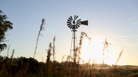 focus shift from grass to old windmill water pump on field at sunset