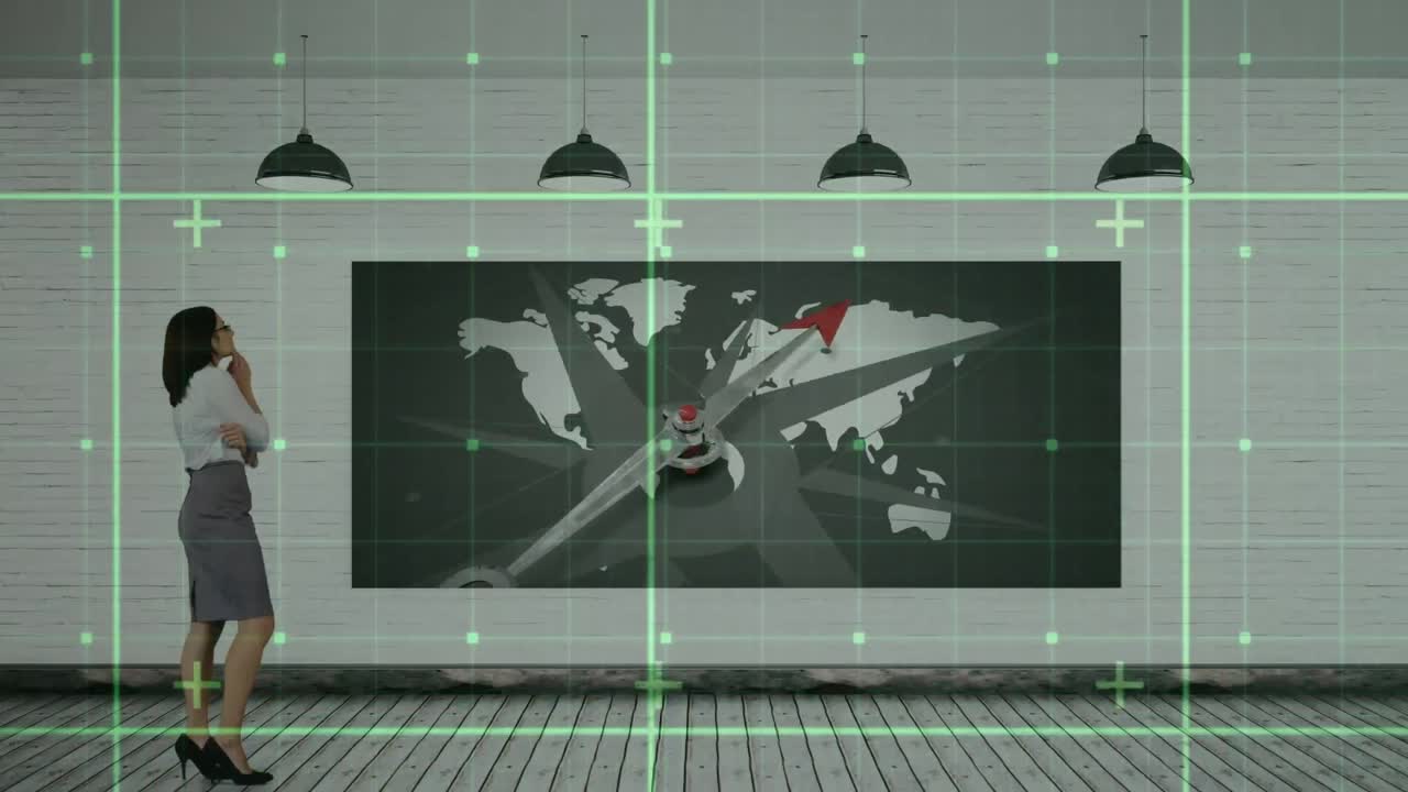 Animation of data processing over businesswoman using interactive screen with world map