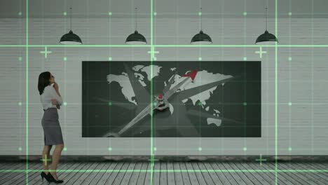 Animation-of-data-processing-over-businesswoman-using-interactive-screen-with-world-map