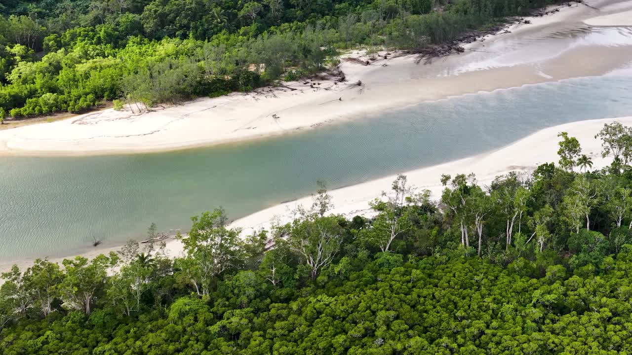 Drone glides above winding river, sandy beach, and lush rainforest under bright daylight conditions