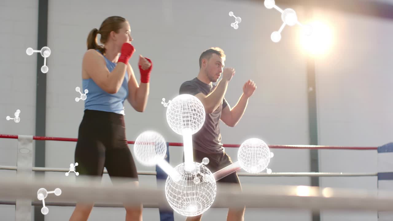 Drill starting, woman boxer jabbing while man blocking and countering for boxing, molecules rising