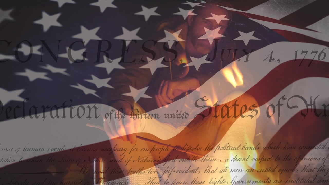 alguien acampando con nosotros ondeando la bandera y la declaración de independencia en primer plano