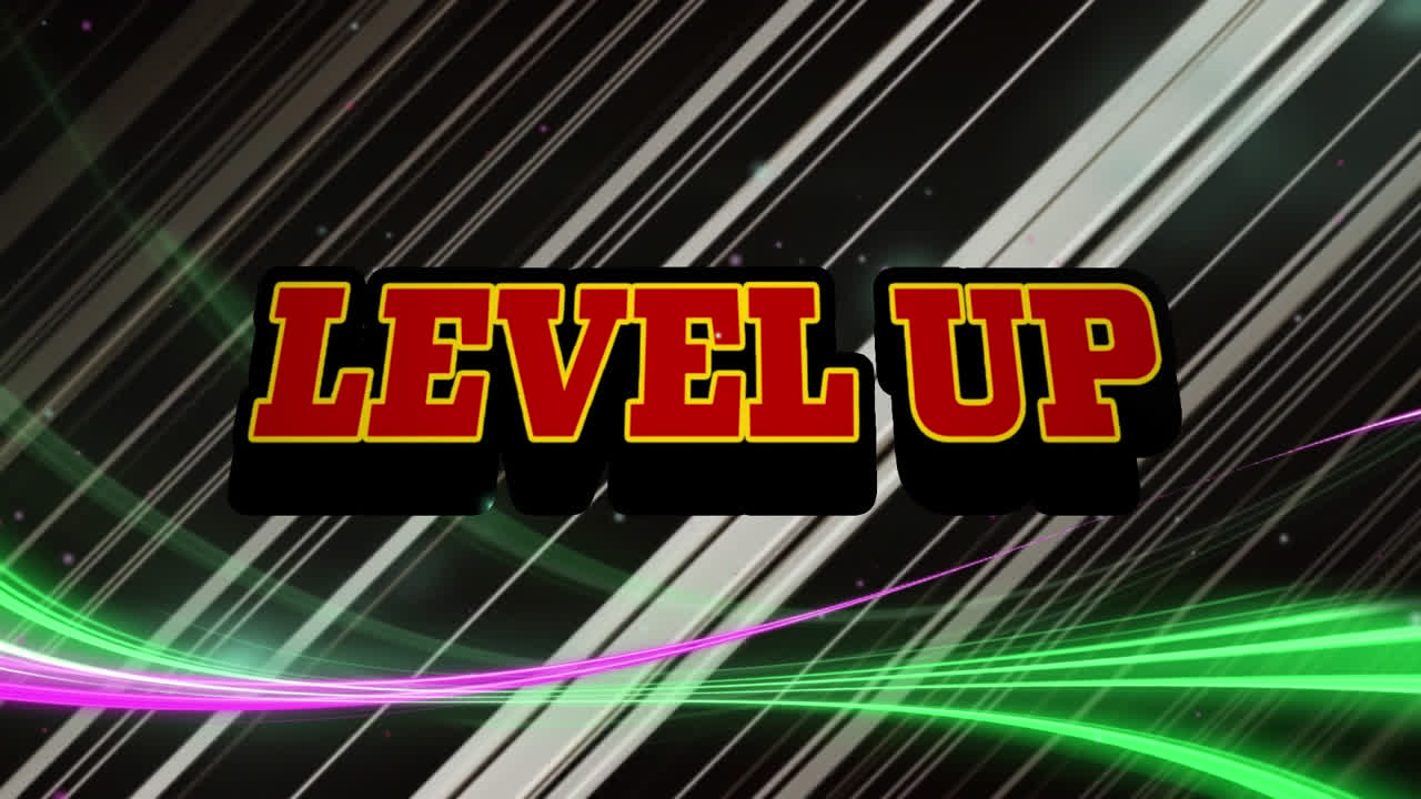 검은색 배경의 빛의 흔적에 대한 레트로 음성 거품 위의 레벨 업 텍스트의 애니메이션