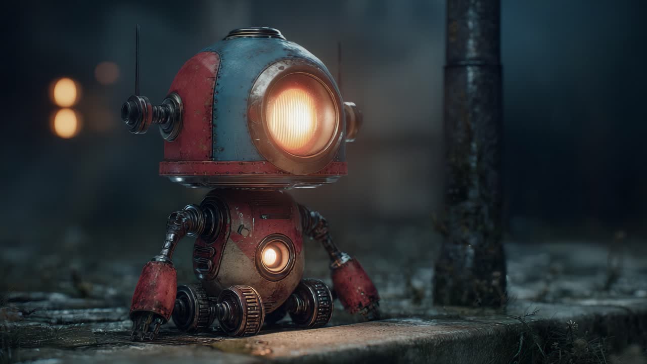 Un robot affascinante e futuristico, con caratteristici colori rosso e blu, si erge illuminato in un ambiente cupo, catturando lo spettatore con il suo design e la sua personalità unici.
