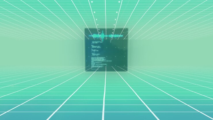 Animation of digital data processing and digital interface and grid over blue background