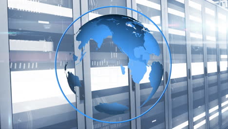 animation of rotating globe in circle over moving bars over data server systems in server room