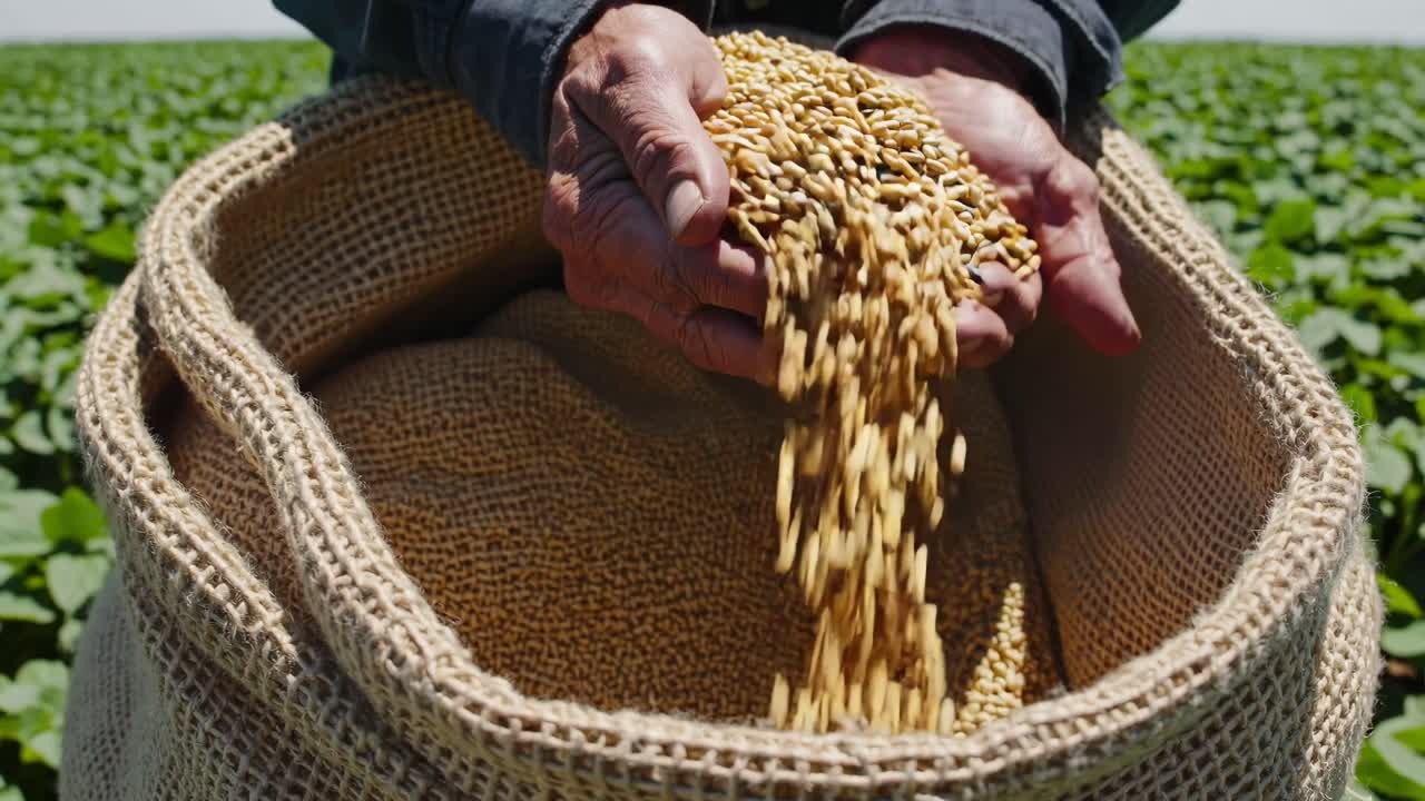 Farmer Pouring Wheat into a Bag in a Field
