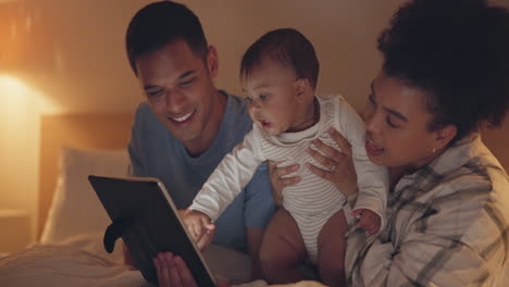 Tablet,-smile-and-family-with-baby-in-bedroom
