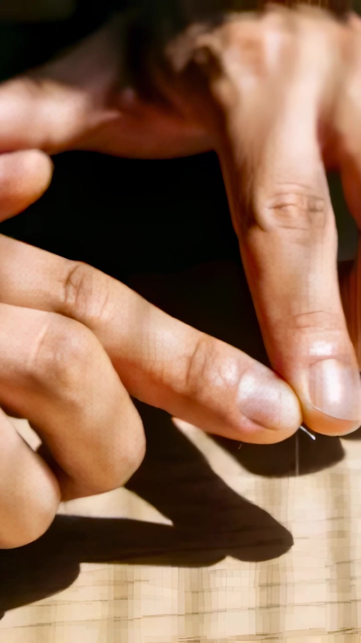 Vertical video: Pinning needle, hands in dark cuff pulling thread through eye on wood table to sew