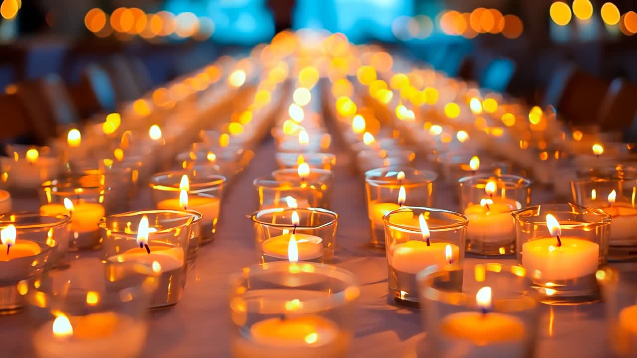 많은 불타는 불이 있는 긴 테이블