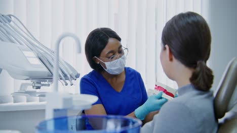 dentist examining patient with teeth model