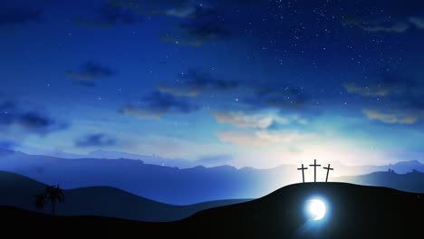 three crosses on the hill and jesus tomb with clouds moving on the starry sky