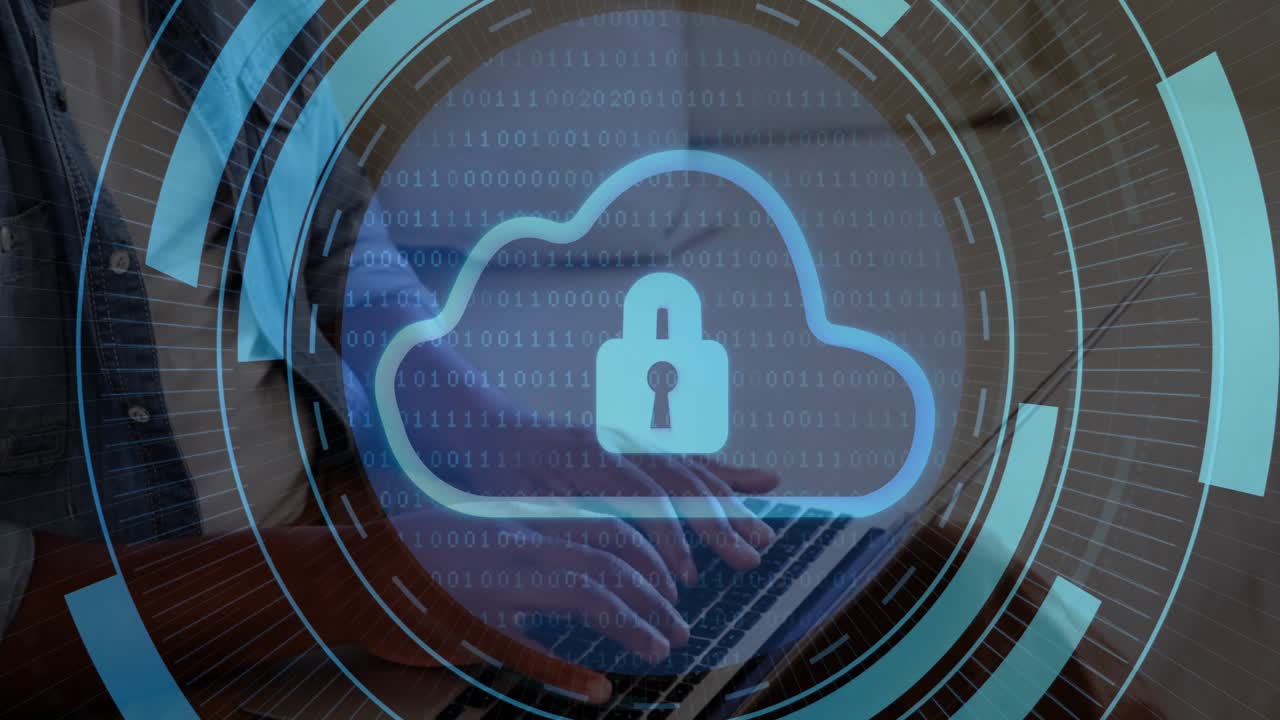 Man typing on laptop in home office, initiating holographic security interface with cloud lock