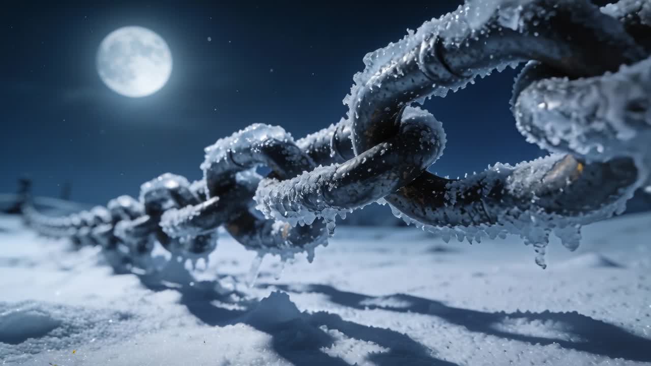 Bevægende lavvinkelkamera, der rykker tættere på og fanger en frostklædt metalkæde med istapper på månebelyst sne.
