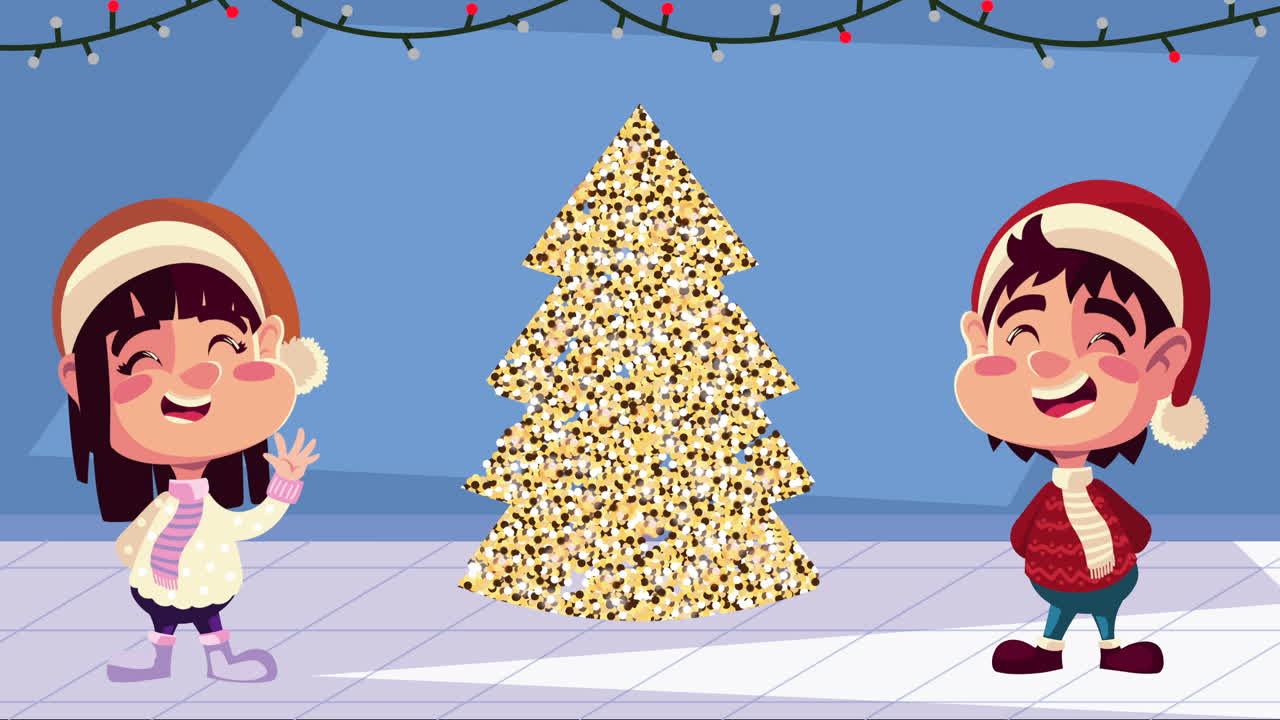 happy merry christmas animation with little kids wearing santa hats and golden tree