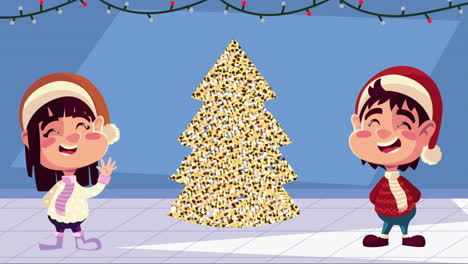 happy merry christmas animation with little kids wearing santa hats and golden tree