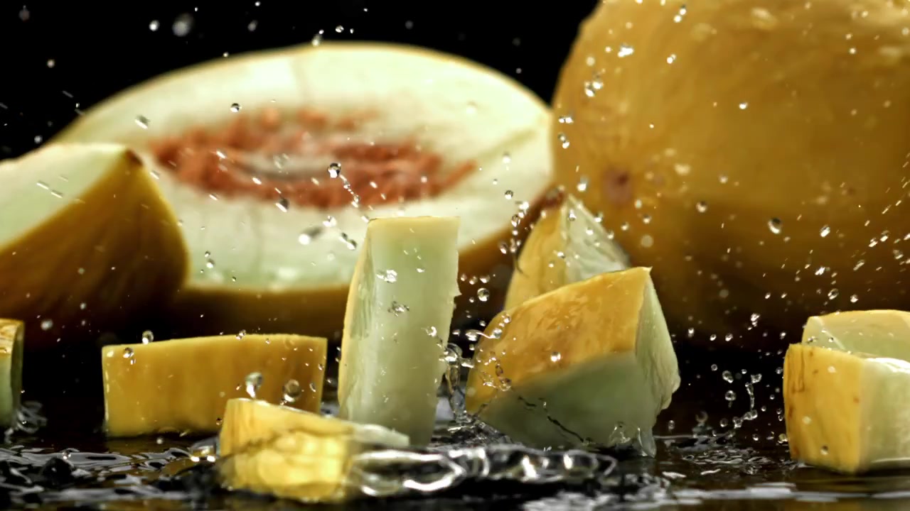 Melon Slices Falling and Splashing in Water in Slow Motion