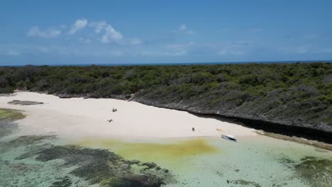 banco de arena en las costas rocosas de la isla pungume zanzíbar tanzania áfrica con botes y personas, toma aérea de dolly