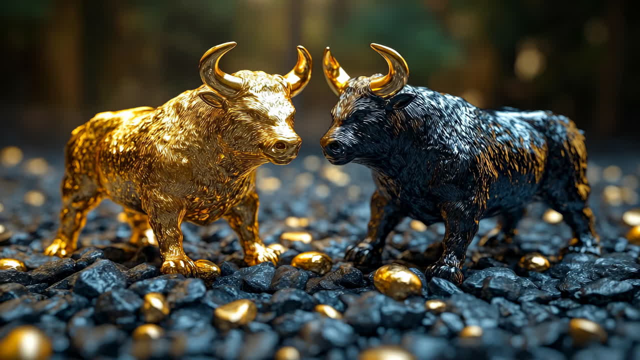 Golden and black bull statues on stones. Sculptures of golden and black bulls placed on shiny stones symbolizing strength and finance