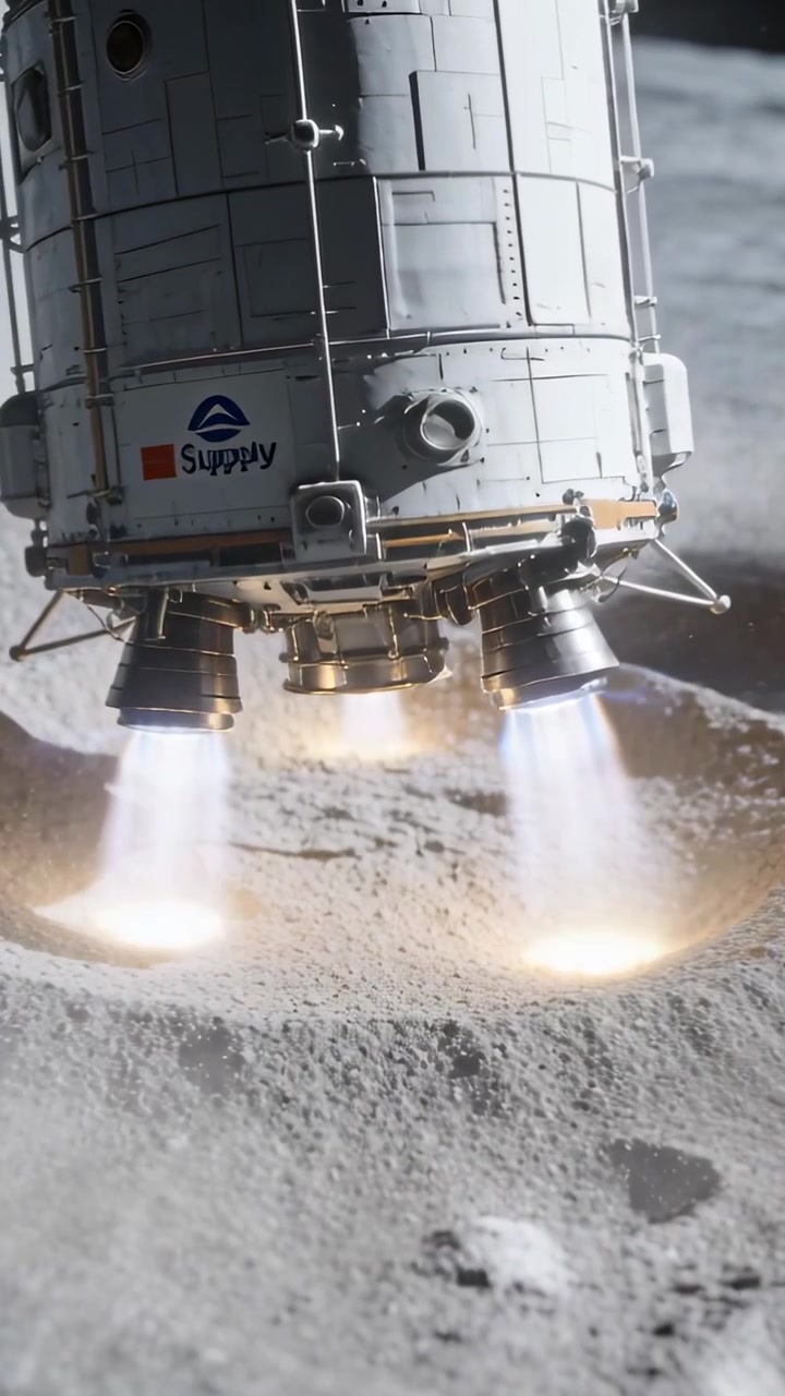 Video verticale: Motori accesi guidano un lander in discesa verso la luna per l'atterraggio con il logo Supply