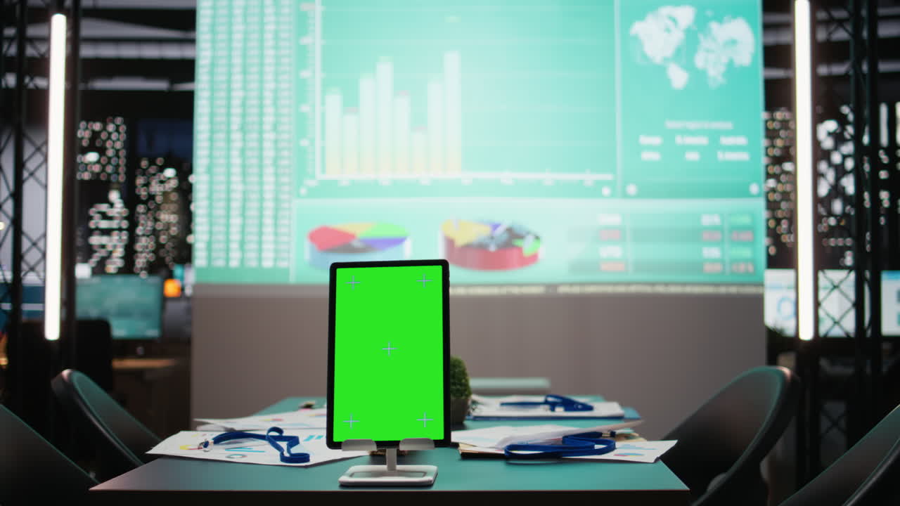 Empty copy space on device in the boardroom with charts on projection board